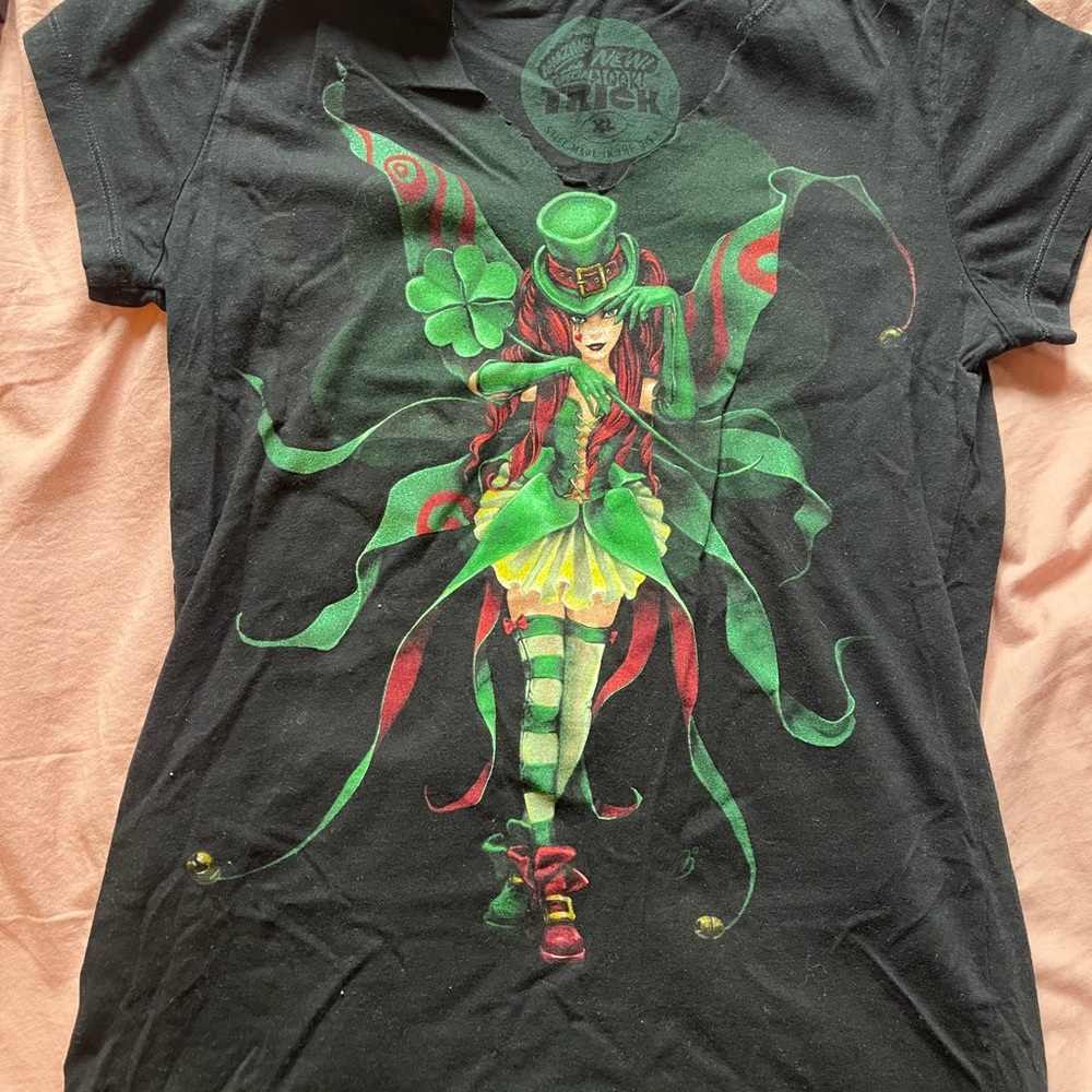 Black Graphic T-Shirt with Green and Red fairy